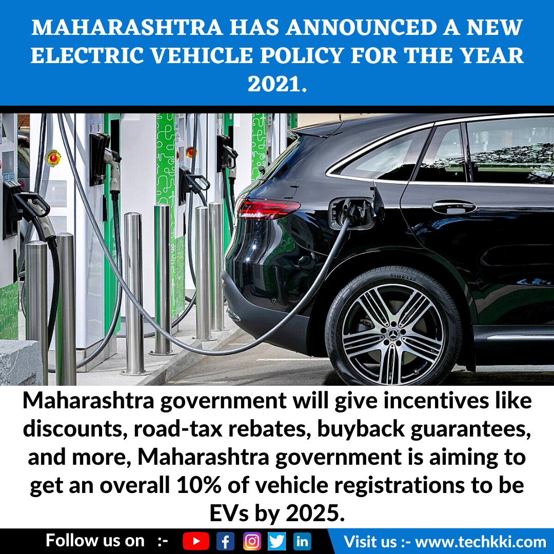 techkki's tweet image. Maharashtra has announced a new electric vehicle policy for the year 2021.
#Maharashtra #MaharashtraGovernment #electriccars #ElectricVehicle #Electric #electricscooter #tax #Discounts #discountoffer #Vehicle #vehicles #Registration #electricity #technews #technology #tech #techk