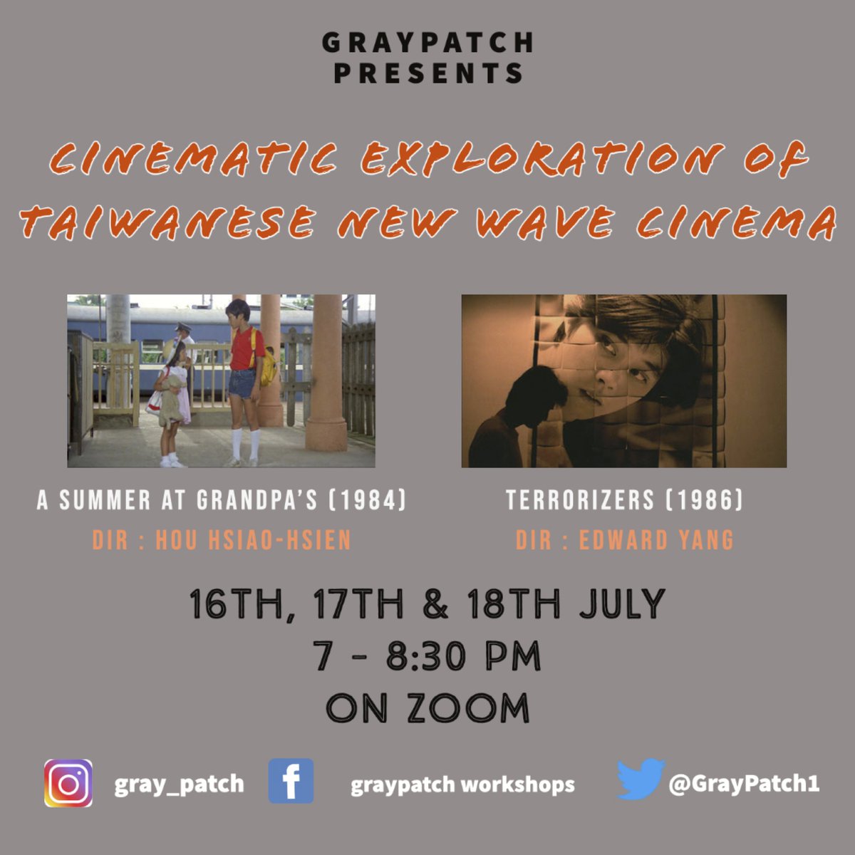 GrayPatch1's tweet photo. In Cinematic Exploration of Taiwanese New Wave Cinema  we would be exploring the films of Hou Hsaio - Hsien , Edward Yang and Tsai Ming - Liang to study their visual language &amp; narrative context 
To register please click the link 
https://t.co/aM5JXnqpP5
#ftiipune #srftii https://t.co/bkAO3OWmQj