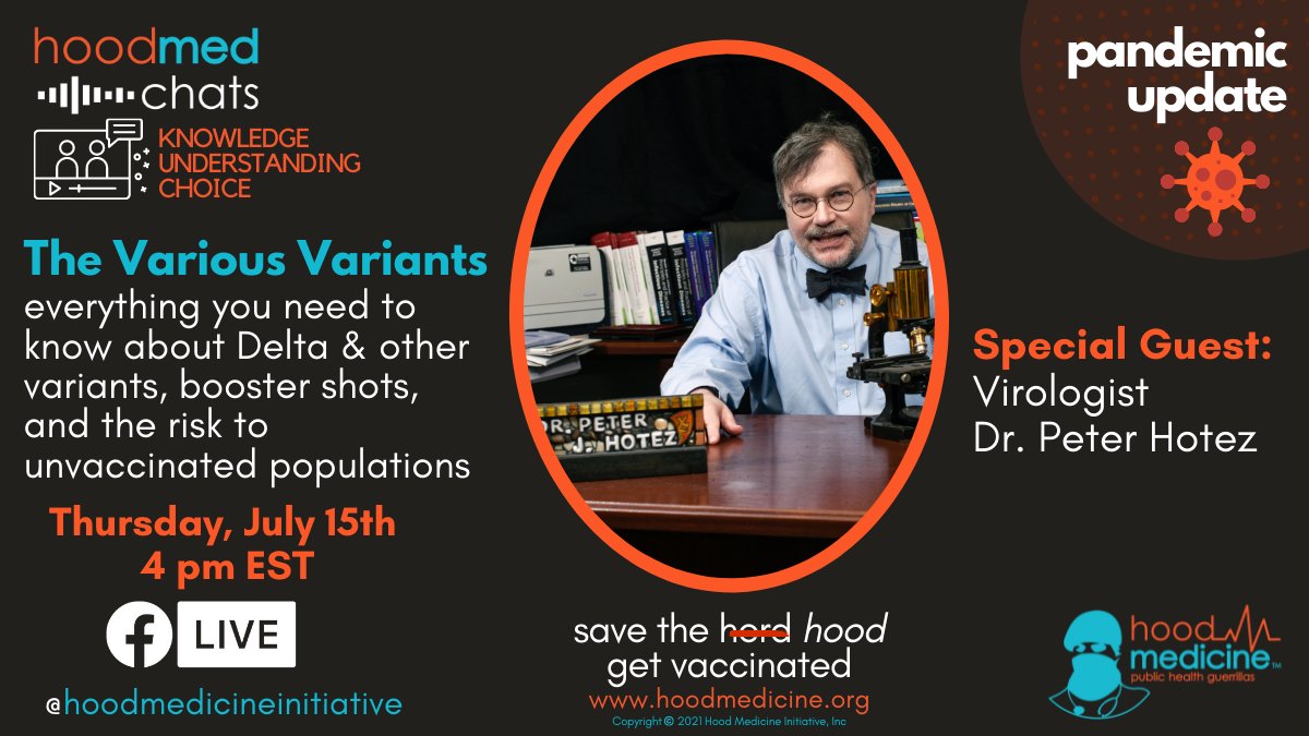 Dr. @PeterHotez joins us today at 4pm EST for a #PandemicUpdate #HoodMedChat following the newest J&J announcement on GBS, with an overview of mutant variants and the increased risk of the Delta strain, and his thoughts on the debate over booster shots. 

#GuerrillaTalks🦍