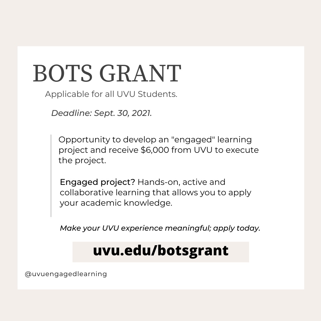 EngagedLearnUVU's tweet image. The UVU Board of Trustees' Grant Application is open now! Apply today for a chance to receive $6,000 towards your creative idea.