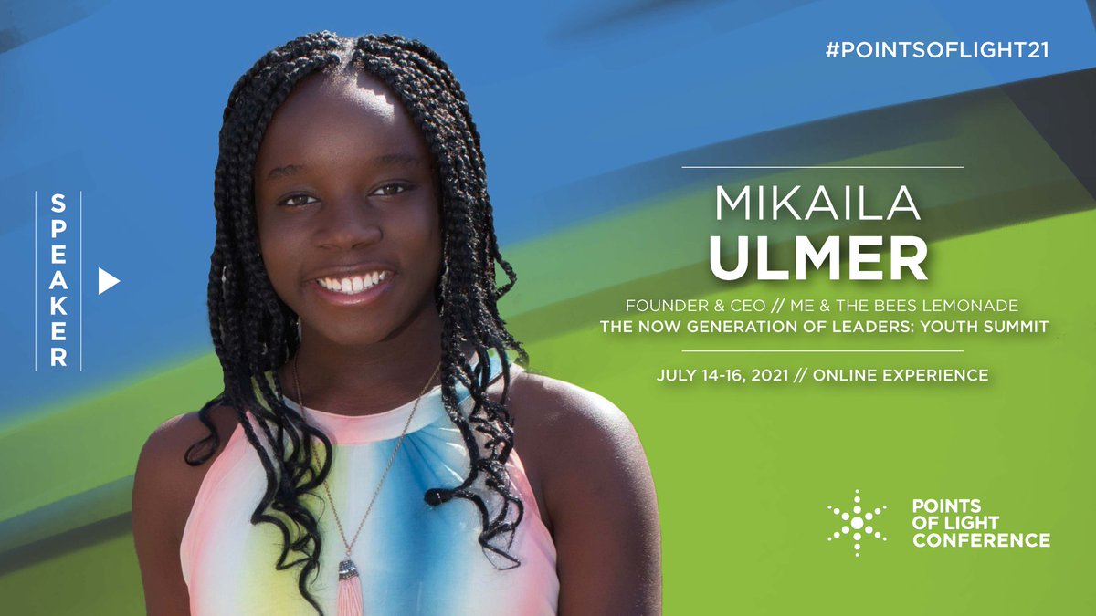 PointsofLight's tweet photo. Want to feel hopeful about the future? Tune in to meet “The Now Generation of Leaders” at #PointsofLight21 Youth Summit, sponsored by 
@KPMG, with keynote speaker Mikaila Ulmer, founder &amp; CEO, @MikailasBees https://t.co/iea7lsgFRG