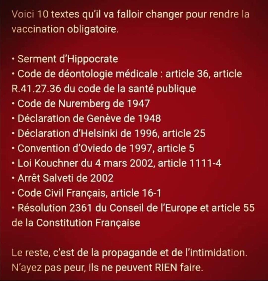 <a href="/GeorgesCharmait/">George Michael Caine</a> <a href="/Paultable521/">Paultable5</a> <a href="/DIVIZIO1/">Fabrice Di Vizio</a> L'autorisation de mise sur le marché de ces vaccins est conditionnelle. La vaccination ne peut être rendue obligatoire. Aucune loi n'impose l'obligation. L'obligation enfreint une dizaine de textes de loi. L'employeur ne peut pas licencier son salarié en cas de refus.