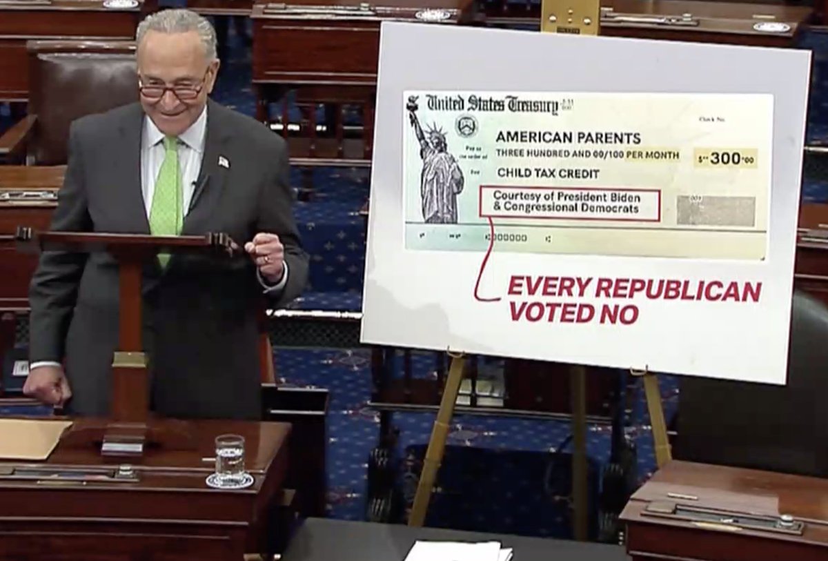 Republicans claim to be the party of tax cuts. But it’s really just for the wealthy and well-connected.

Democrats are sending the checks for the #ChildTaxCredit to America’s families.

When you see that check: Remember that every single Republican voted no.