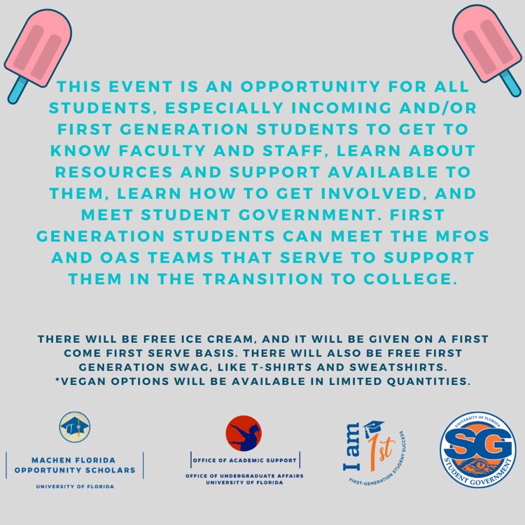 ufstudentgov's tweet photo. Calling all First-Year and First Generation students! Make sure you come satisfy your sweet tooth next Thursday at our Ice Cream Social at the Reitz Union! https://t.co/OPaTQlnxyP