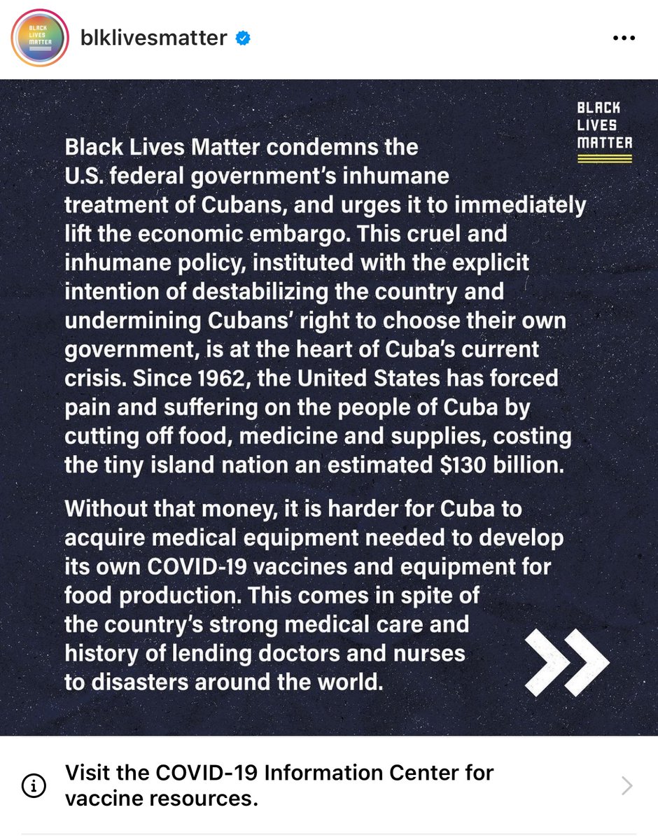 ThePerezHilton's tweet photo. This statement from the official #BlackLivesMatter instagram account IS NOT IT. Praising the #Cuban government while placing the blame for the current situation in #Cuba on the United States. https://t.co/ndf0L7Ty8C