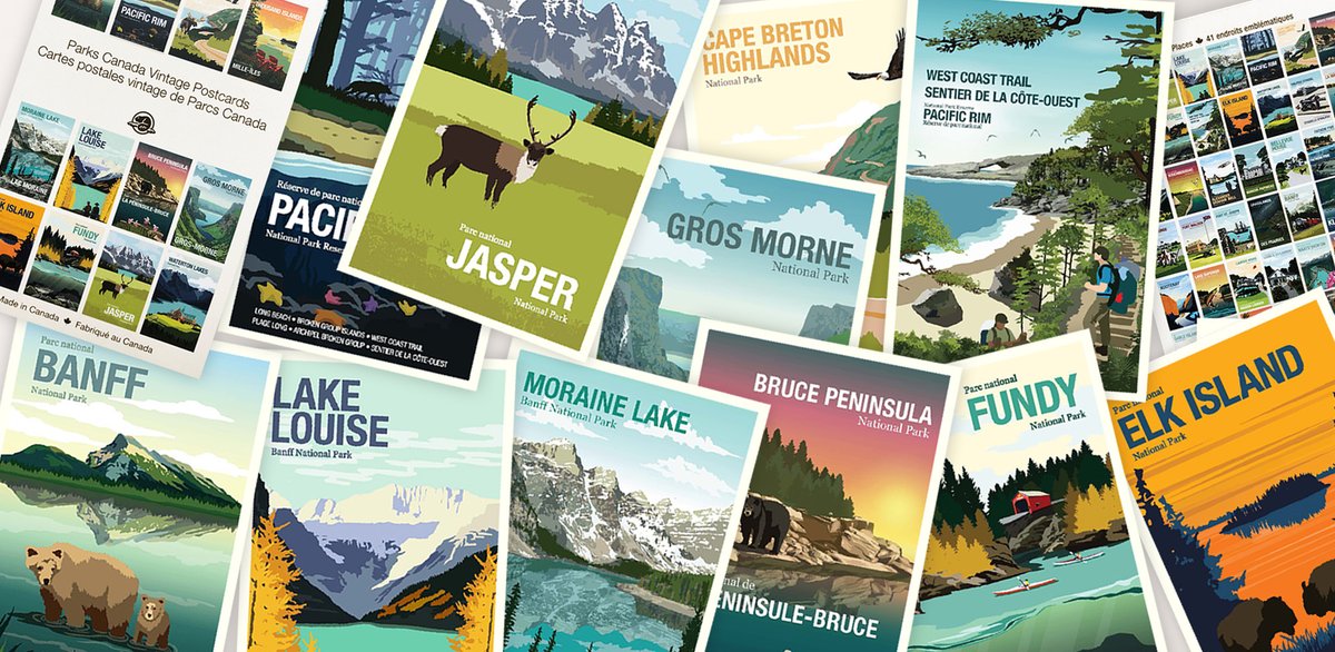 ParcsCanada's tweet photo. Ce magnifique ensemble de cartes postales vient d’être lancé, juste à temps pour la #JournéedesParcs! C’est la façon parfaite de rester en contact avec vos proches, par la poste. 🤩📨 Jetez un œil aux 41 concepts rétro présentés jusqu’à maintenant sur la https://t.co/N3E0udArNm! https://t.co/77cDifhjir