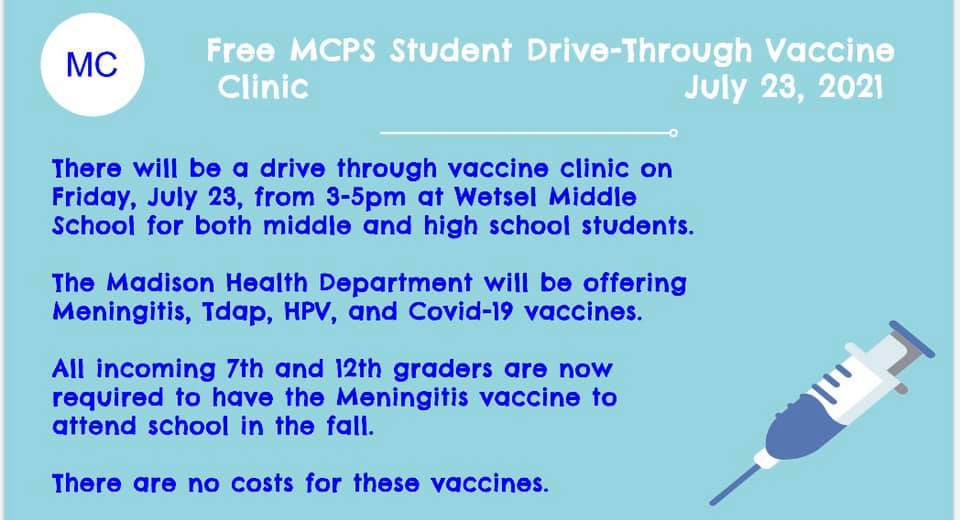 Free MCHS &amp; WMS Student Vaccine Clinic July 23, 2021 from 3-5pm