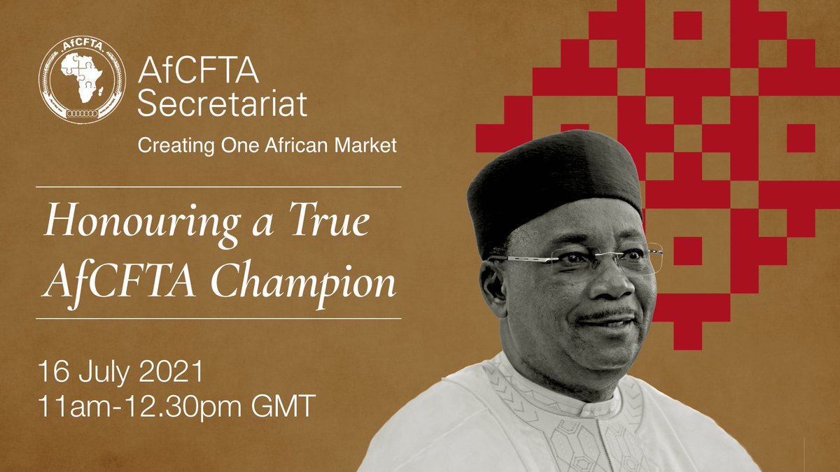On 16 July, the <a href="/AfCFTA/">AfCFTA Secretariat Official</a> Secretariat &amp; #Afreximbank are hosting a ceremony at the Africa Trade House to mark the unveiling of a special commemorative statue in honour of His Excellency, Issoufou Mahamadou for his leadership in driving the realisation of the AfCFTA. 
#AfCFTA #AU