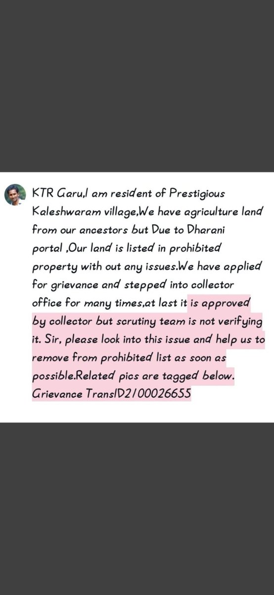 ranjith_vrr's tweet photo. @KTRTRS @Collector_JSK @balkasumantrs
 I am from kaleswaram village having agricultural land from our ancestors.Due to dharani portal our land is listed in Prohibited property list with out any issue,Grievence is approved by collector but pending by scrutinyteam TID2100026655 https://t.co/hbRISdMb47