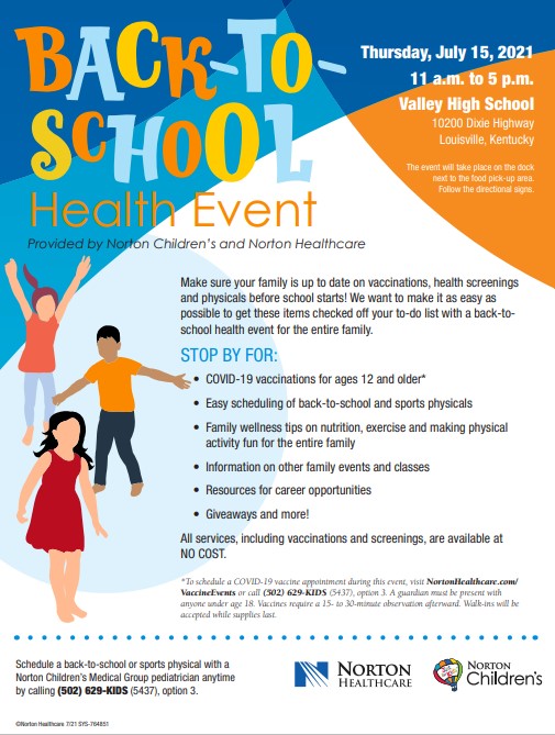 JCPS (@jcpsky) on Twitter photo HEALTH CLINIC I Get COVID-19 vaccines for 12 and older and family wellness tips at the Back-to-School Health Event until 5 p.m. today at Valley High School! Norton Children’s will also be scheduling for back-to-school and sports physicals that will take place at their offices. HEALTH CLINIC I Get COVID-19 vaccines for 12 and older and family wellness tips at the Back-to-School Health Event until 5 p.m. today at Valley High School! Norton Children’s will also be scheduling for back-to-school and sports physicals that will take place at their offices.