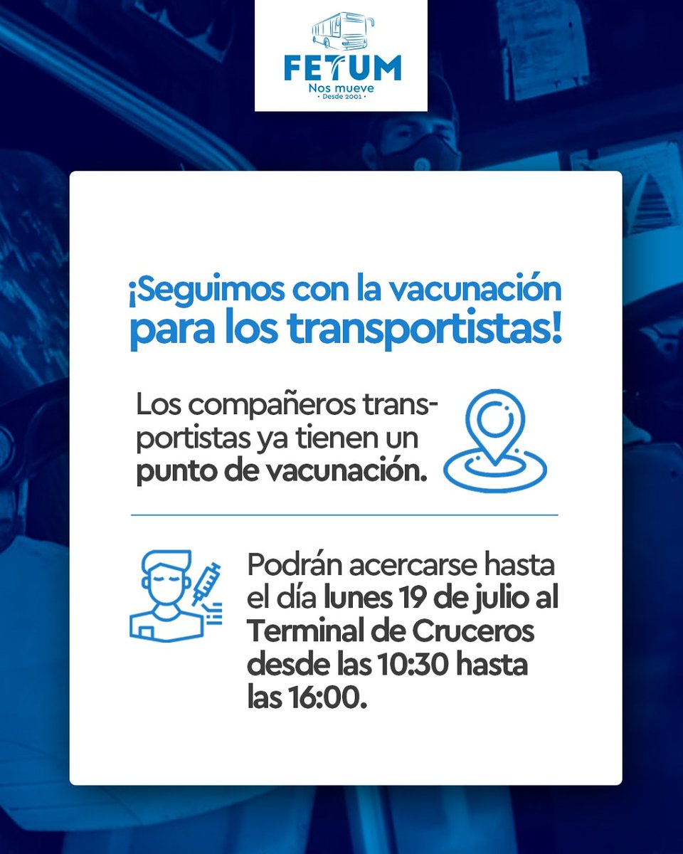 Fetum2001's tweet photo. Si eres transportista, ya puedes vacunarte. ✅

#FetumNosMueve https://t.co/qwP2GwV9Wp