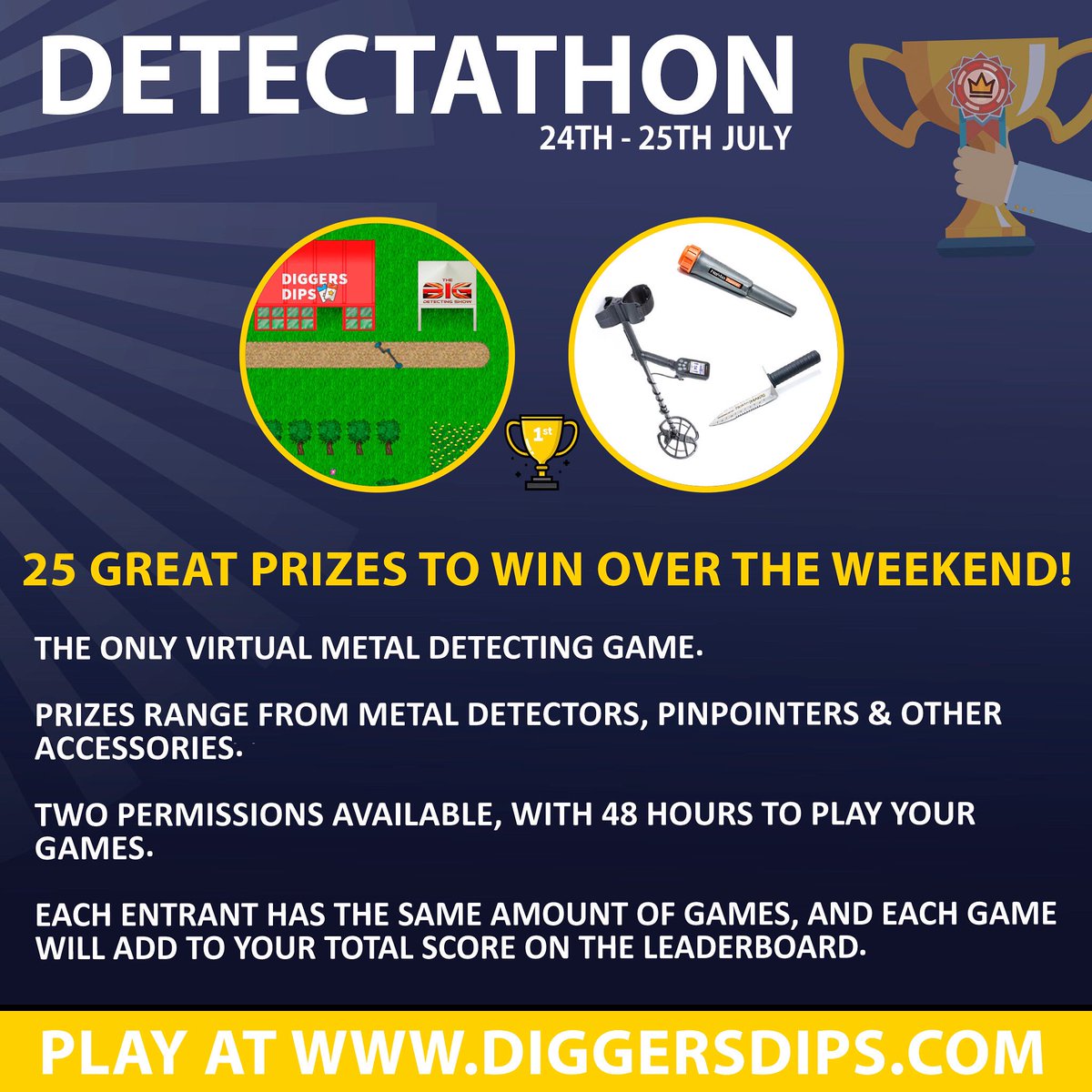 Only 2 weekends until Detectathon! 

A virtual detecting event with 25 prizes to be won, including THREE DETECTORS!

Move your detector across ploughed &amp; pasture fields, digging super items up that will propel you up the prize leader board!

Raising funds for Detecting4Veterans!