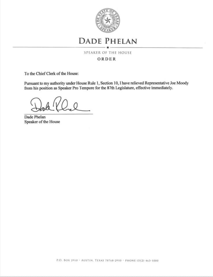 Effective immediately, @moodyforelpaso has been relieved of his role as Speaker Pro Tempore by @DadePhelan.  Smart move.  This comes a day after our FOIA request for all communication between the parties leading up to Democrats walking out.  #TXlege #TexasDems #easytovote