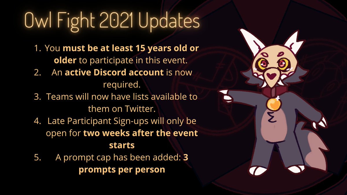 Good morning folks👑

We have some updated rules for the 2021 Owl Fight event. King has generously offered a summary, but more information can be found in the link below⤵️

Sign-ups open tomorrow!🦉