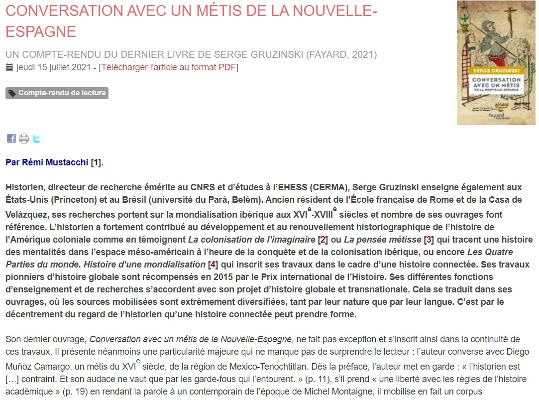 Anthony_Guyon's tweet photo. Nouvel arrivant dans le monde de la recension: 
@MustacchiR à propos de Serge Gruzinski, Conversation avec un métis de la Nouvelle-Espagne, 
https://t.co/sY1Elcm2TD https://t.co/9hnLCqt2Pt