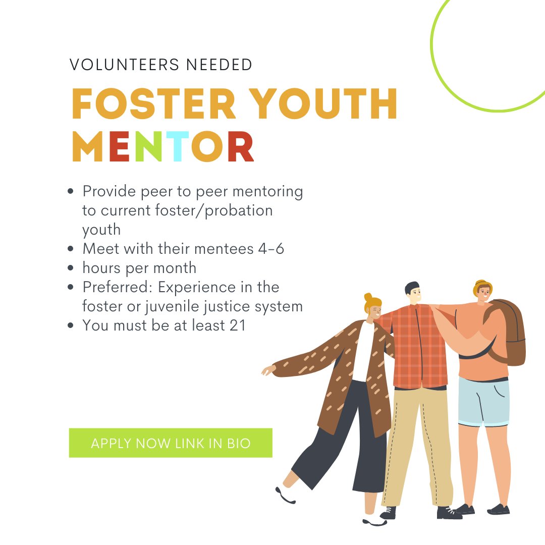 Do you know someone who is former foster youth, or has had experience with the foster care system or the juvenile justice system? Click the link in our bio and select "Volunteer" to find more information about our #Foster2Foster mentorship program!
