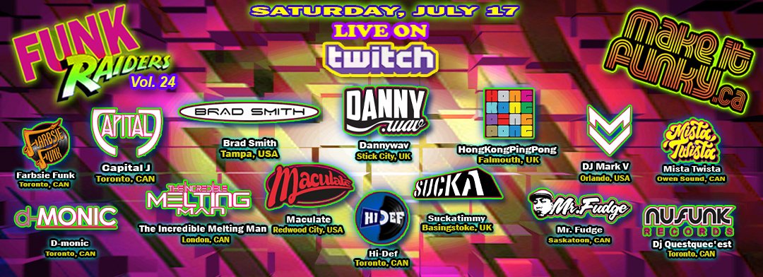 nufunk's tweet photo. This Sat July 17th it's #FunkRaiders v.24 The Best Global Funky Beats, Breaks &amp; Bass Raid Livestream ft @Dannywav1 @HiDEFtunes @DJ_MarkV @djBradSmith @Morph0515 @DJMaculate @CapitalJ @djDmonic @Farbsie #DJQuesquecest #MistaTwista @RaygunRetro #SuckaTimmy
🤟https://t.co/RCVEVrNT5h https://t.co/Oa8L4NpT9S