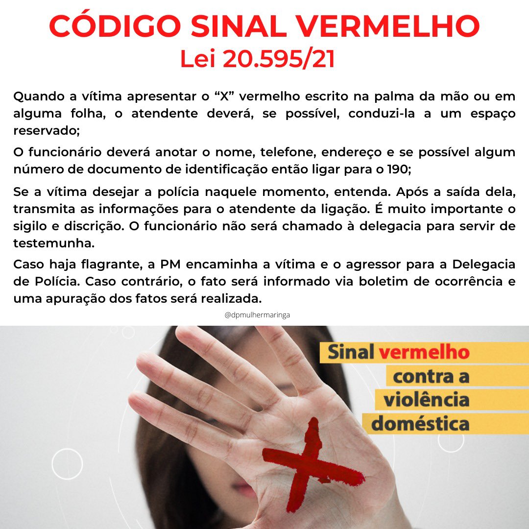 dpmulhermaringa's tweet photo. ❗️A ideia central é que a mulher consiga pedir ajuda em farmácias, órgãos públicos e agências bancárias com o sinal vermelho “❌” desenhado na palma da mão. Nesses locais atendentes ao verem o sinal imediatamente acionam as autoridades policiais. ❗️ https://t.co/665dsGb44u