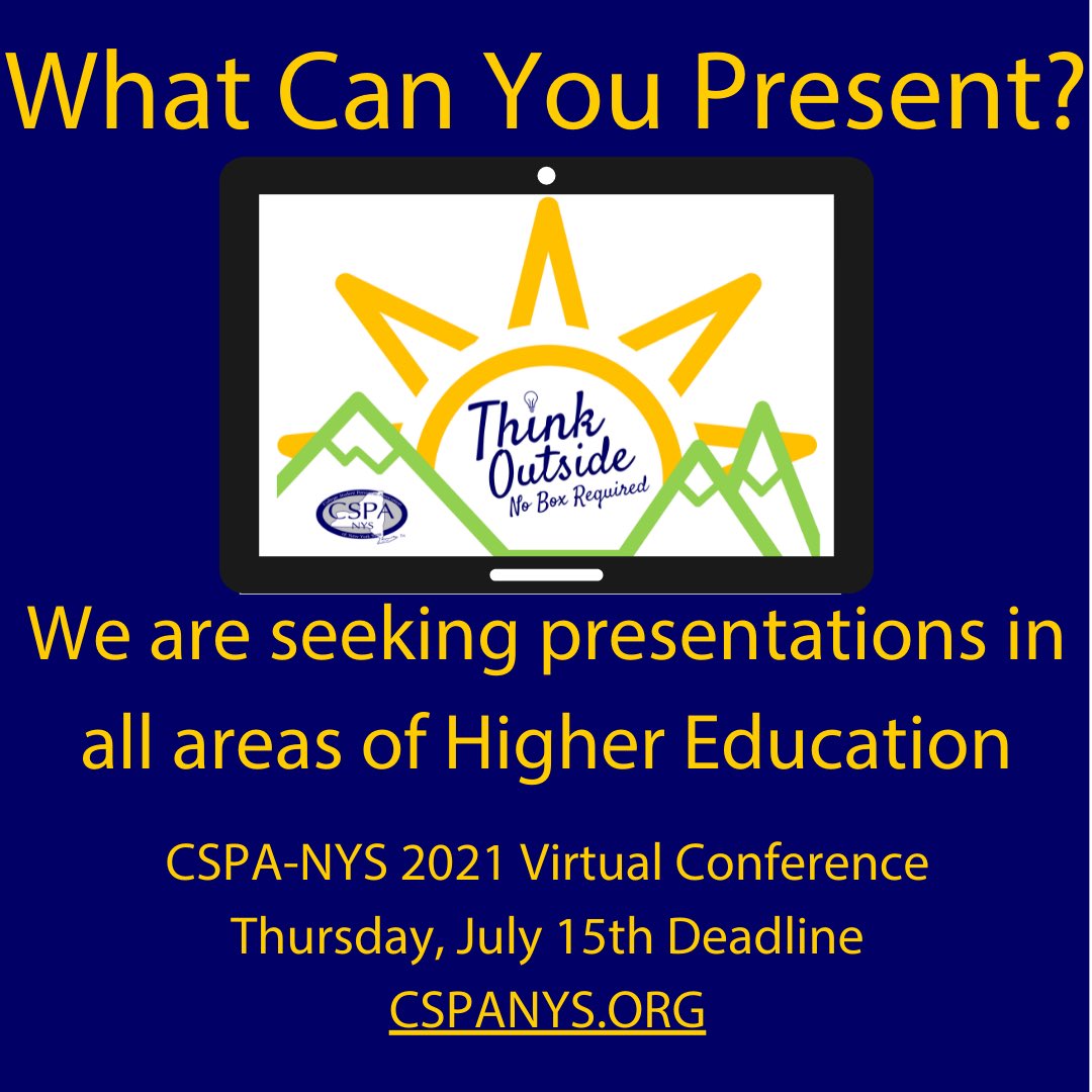 📣Last chance to submit a presentation proposal for the Virtual #CSPANYS2021 Conference!!📣 Proposal Deadline is TODAY!
 
Go to 🖥️ CSPANYS.org to submit a proposal or check the link in our bio to submit a proposal today!
 
Question❓email: annualconference@cspanys.org