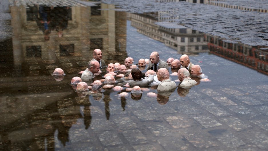 Deze hartverscheurende Belga foto van vandaag doet me zo hard denken aan een climate change kunstwerk van Isaac Cordal uit 2011: “Follow the leaders”