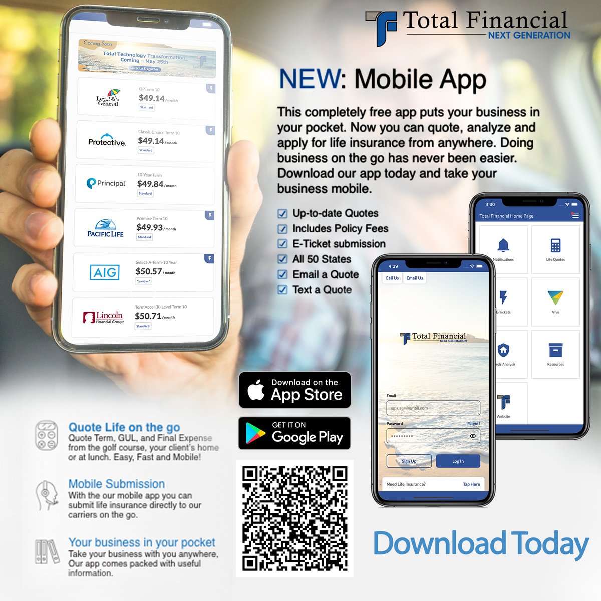 TotalFinancial's tweet photo. Our New Amazing Mobile App! You can quote, analyze and apply for life insurance from anywhere. Up-to-date Quotes, Includes Policy Fees, E-Ticket submission, All States, Email a Quote or Text it! Download the app today.
#mobileapp #lifeinsuranceagent #lifeinsurance #accessability https://t.co/SDDCIcwPyv