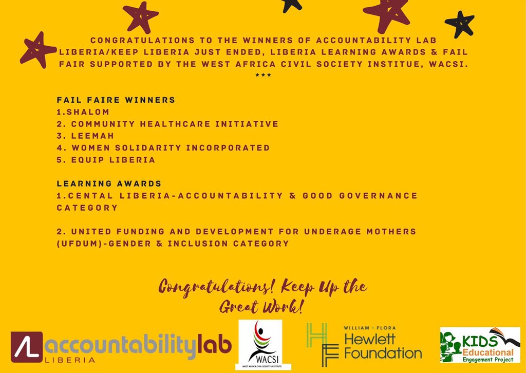 Accountability Lab Liberia (@accountlablb) on Twitter photo Congratulations to these CSOs for submitting the best failure stories, and being nominated for the Liberia Learning Awards, supported by <a href="/wacsi/">West Africa Civil Society Institute (WACSI)</a> and implemented by <a href="/accountlablb/">Accountability Lab Liberia</a> and <a href="/keepliberia/">KEEP Liberia</a> . Congratulations to these CSOs for submitting the best failure stories, and being nominated for the Liberia Learning Awards, supported by <a href="/wacsi/">West Africa Civil Society Institute (WACSI)</a> and implemented by <a href="/accountlablb/">Accountability Lab Liberia</a> and <a href="/keepliberia/">KEEP Liberia</a> .