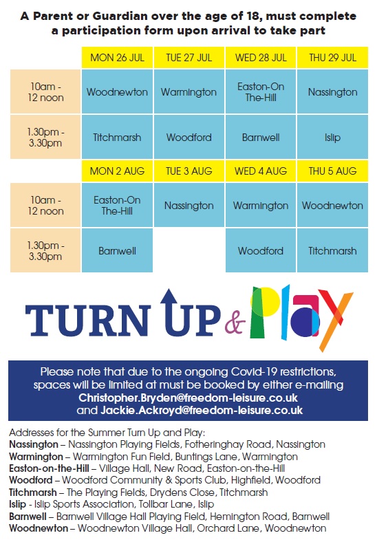 Some of our villages will be hosting 'Turn Up &amp; Play' sessions for children between 8 - 13 years old across the summer holidays.

Places are limited &amp; must be booked in advance by emailing Christopher.Bryden@freedom-leisure.co.uk or Jackie.Ackroyd@freedom-leisure.co.uk 

#NNStay