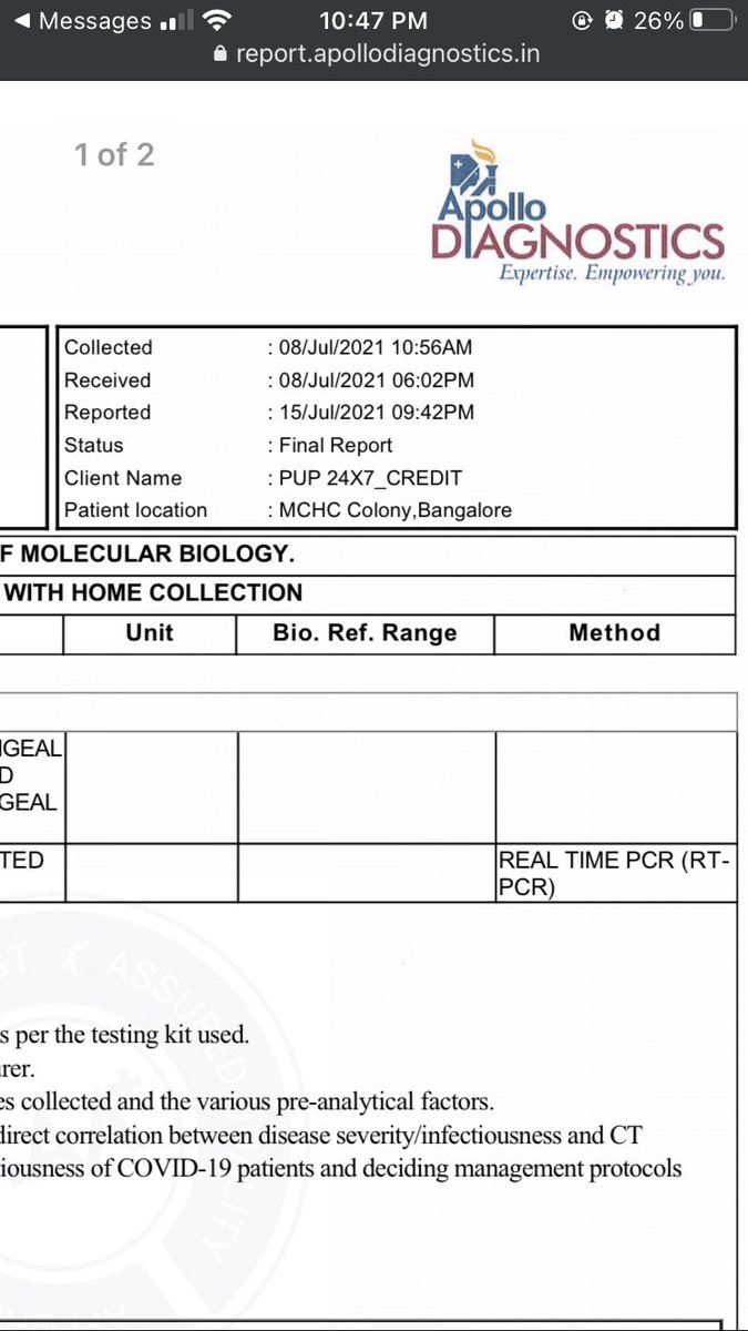 RituPuran's tweet photo. A very disappointing service by @Apollo24x7 . You promise to deliver the report within 24hrs but take around 7 days to generate it. Also, charging a hefty amount to the customer. Zero value to customer.

#rtpcrtest #apollo247app #travellingduringcovid https://t.co/T0PpYubvno