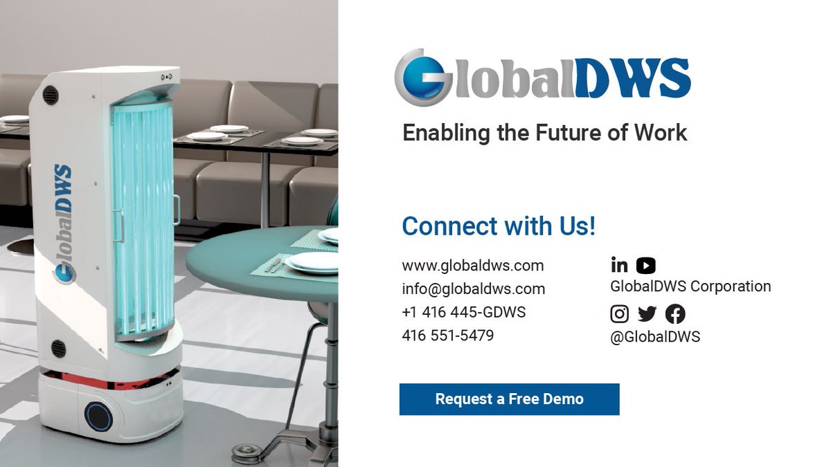 GlobalDWS's tweet photo. Our #DisinfectionServiceRobot (DSR) combines advanced #cognitivecapabilities and #multibarrierdisinfection on a single and secure platform. Interested in a complimentary product demo? Let us know 👇 https://t.co/UMnmWIfLLE