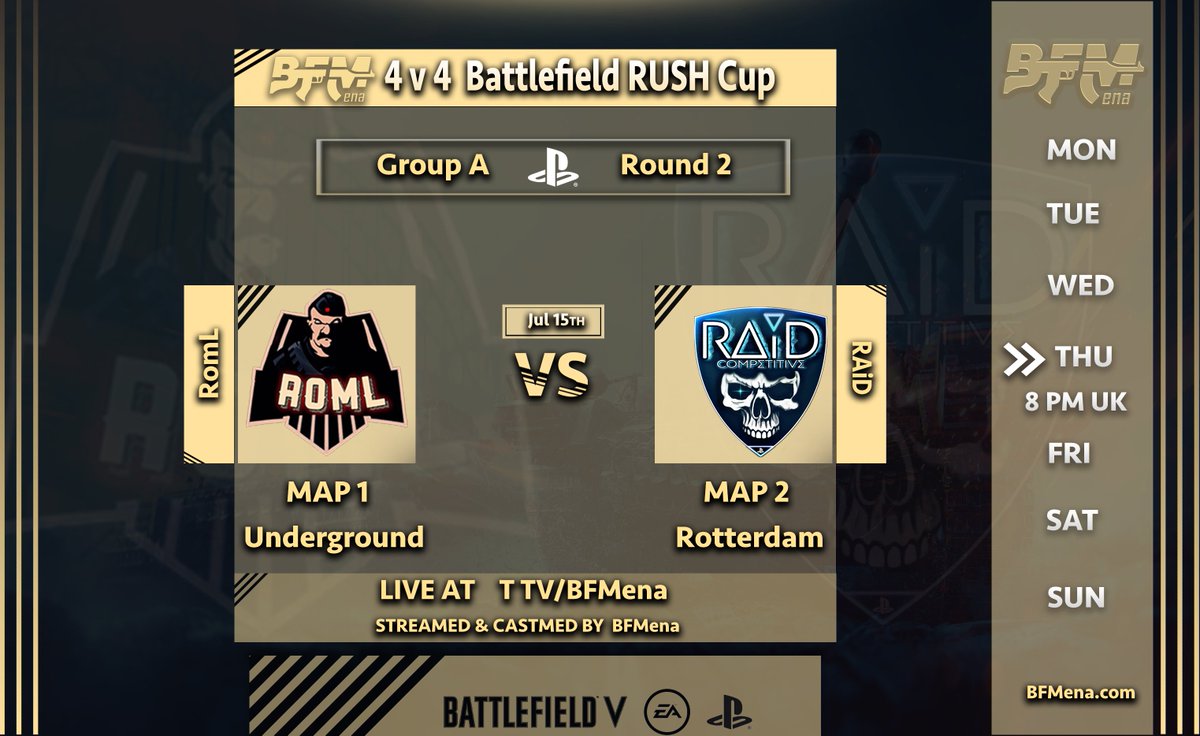 Tonight at 8pm UK, tune into <a href="/clanROML/">RomL</a> vs. <a href="/CompetitiveRaid/">RAiD competitive</a> In the BATTLEFIELD RUSH Cup! 

PS4|PS5 | 4v4 | RUSH

Livestream:
twitch.tv/bfmena