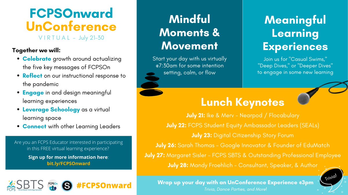 ✨Our #FCPSOnward UnConference kicks off next week, and we still have space for YOU, FCPS Learning Leaders (teachers, coaches, librarians, &amp; more). Join us for Meaningful Learning, Mindful Moments &amp; Movement, Lunch Keynotes, and Experiences ℹ bit.ly/FCPSOnward. #FCPSsbts