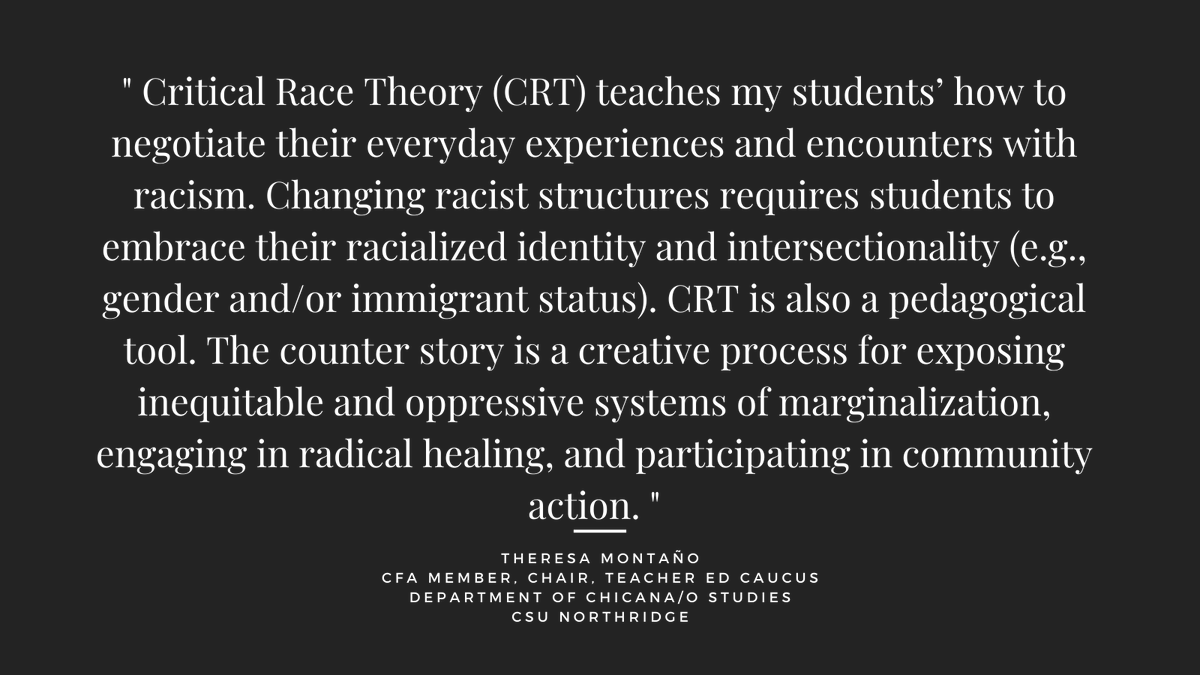 CFA_United's tweet photo. We asked our member @themontano the importance of Critical Race Theory.
▶️Swipe to read what she said! #CRT #CFACares #CriticalRaceTheory #StudentLives #TeacherLife #TeachtheTruth #RadicalHealing #CSU #CSUStudents #CSUFaculty #Faculty https://t.co/mMPuTyXcJ8
