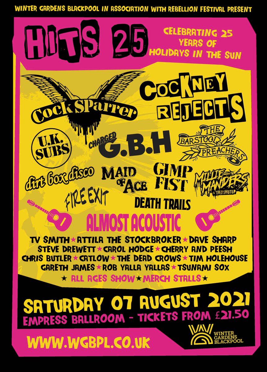 The full festival might have been cancelled, but the <a href="/RebellionFest/">Team Rebellion</a> team have pulled together a great all-dayer featuring <a href="/cocksparrer/">Cock Sparrer</a> <a href="/UKSubs/">U.K. Subs - Time & Matter</a>
<a href="/cockneyrejects2/">Cockney Rejects</a> <a href="/gbhuk/">GBH</a> <a href="/BarPreachers/">BarStoolPreachers</a> <a href="/gimpfist/">gimpfist</a> <a href="/MillieManders/">MMATSU</a> <a href="/MaidOfAce/">MAID OF ACE</a> <a href="/dirtboxdisco/">DIRT BOX DISCO</a>: ipamusic.co.uk/?p=6577
#HITS25 #punkrock