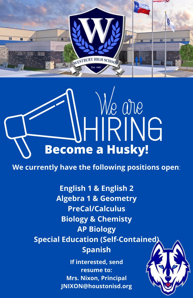 Mario Duran (@marioduran221) on Twitter photo Westbury HS is looking for some teachers to join our team! Feel free to DM if you have any questions. <a href="/WHS_HUSKIES/">Westbury Huskies</a> <a href="/JerriNixon12/">Jerri Nixon</a> Westbury HS is looking for some teachers to join our team! Feel free to DM if you have any questions. <a href="/WHS_HUSKIES/">Westbury Huskies</a> <a href="/JerriNixon12/">Jerri Nixon</a>