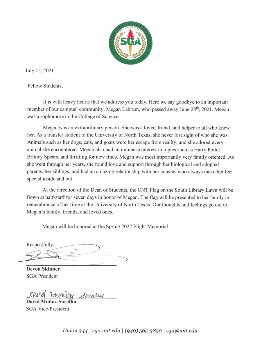 UNTSGA's tweet photo. Trigger Warning: Death

A letter from the Student Government Association regarding the passing of one of our students, Megan Labrum. https://t.co/J6dShQa8X2