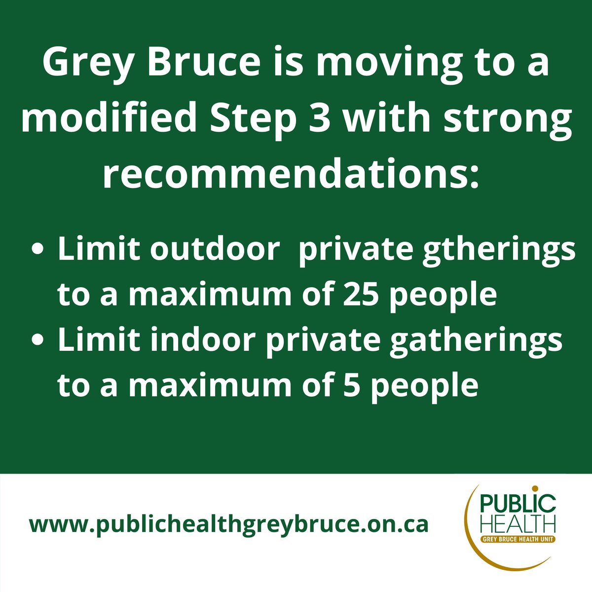 GBPublicHealth's tweet image. Delta Variant Concern - Roadmap for a Modified Step 3 in Grey Bruce
⚠️Grey Bruce is moving to a modified Step 3 with strong recommendations instead of regulatory orders to contain the spread of COVID-19. ⚠️
See Full News Release: www1.publichealthgreybruce.on.ca/About-Us/News-…