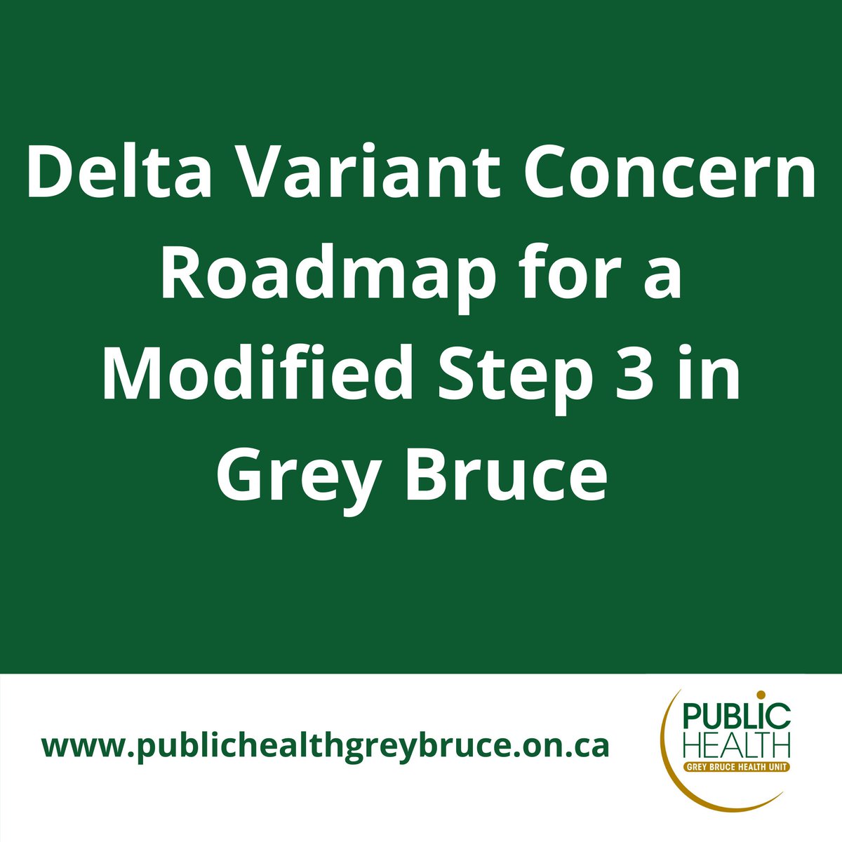 GBPublicHealth's tweet image. Delta Variant Concern - Roadmap for a Modified Step 3 in Grey Bruce
⚠️Grey Bruce is moving to a modified Step 3 with strong recommendations instead of regulatory orders to contain the spread of COVID-19. ⚠️
See Full News Release: www1.publichealthgreybruce.on.ca/About-Us/News-…