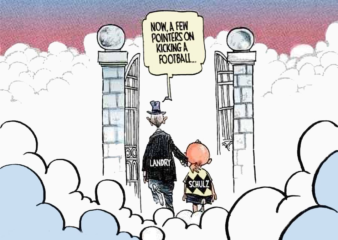 Peanuts creator Charles Schulz and Cowboys coach Tom Landry both passed away on the same day: February 12, 2000.  This was cartoonist Mike Thompson of the Detroit Free Press newspaper's reaction.  Thanks to Traces of Texas reader Richard Williams for sharing this.

@thompsontoons