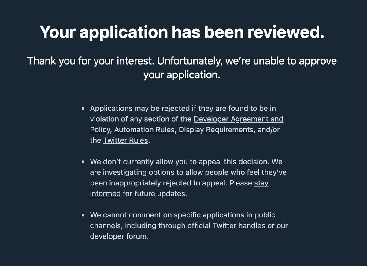 n_warren's tweet photo. The best part about building something cool with the Twitter API is when Twitter permanently bans you from using their API, before you even get to try it, and without explanation! Yay for the worst dev experience ever. @TwitterDev #API #developers #programming https://t.co/f8XjO7QdL8