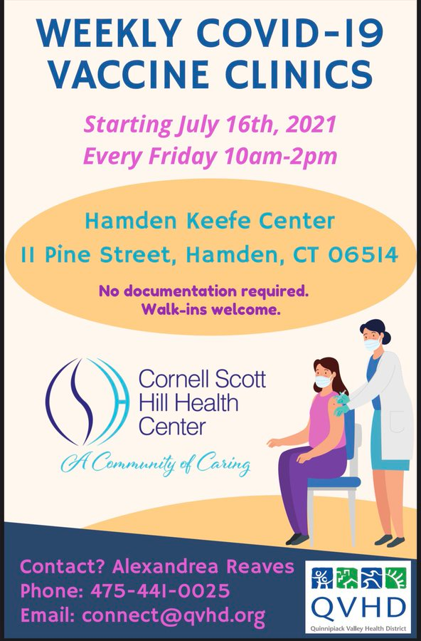 HamdenSEPTA's tweet photo. COVID Vaccines every Friday at Keefe Center! https://t.co/OagiLjejTg
