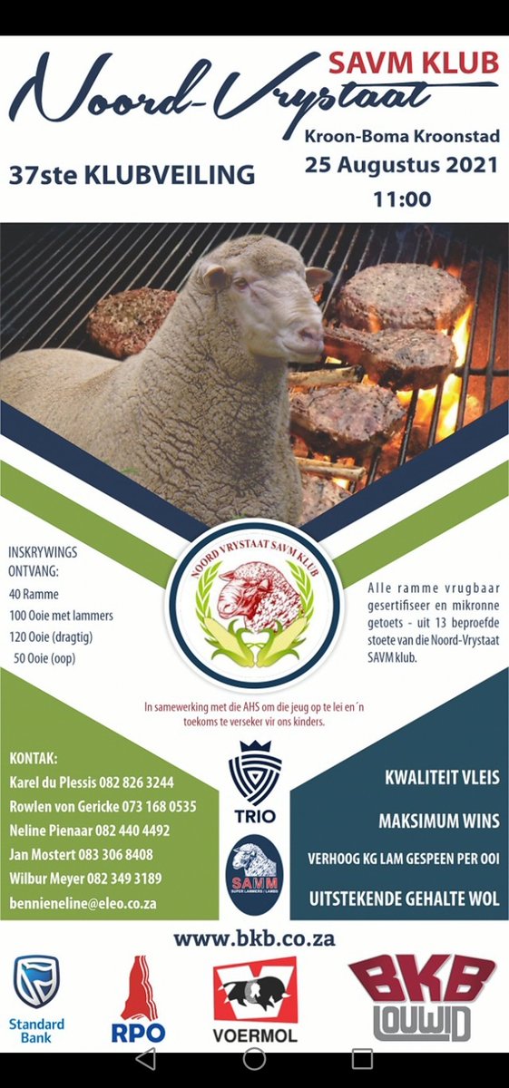 NVSAVM's tweet image. Dis lekker om almal weer te nooi na ons 37st Noord Vrystaat SAVM Klub veiling. Soos altyd gaan daar TOP gehalte diere aangebied word. Covid maatreels sal streng toegepas word. Mooi ooie met lammers, dragtige ooie en mooi vrugbare teel ramme aangebied word