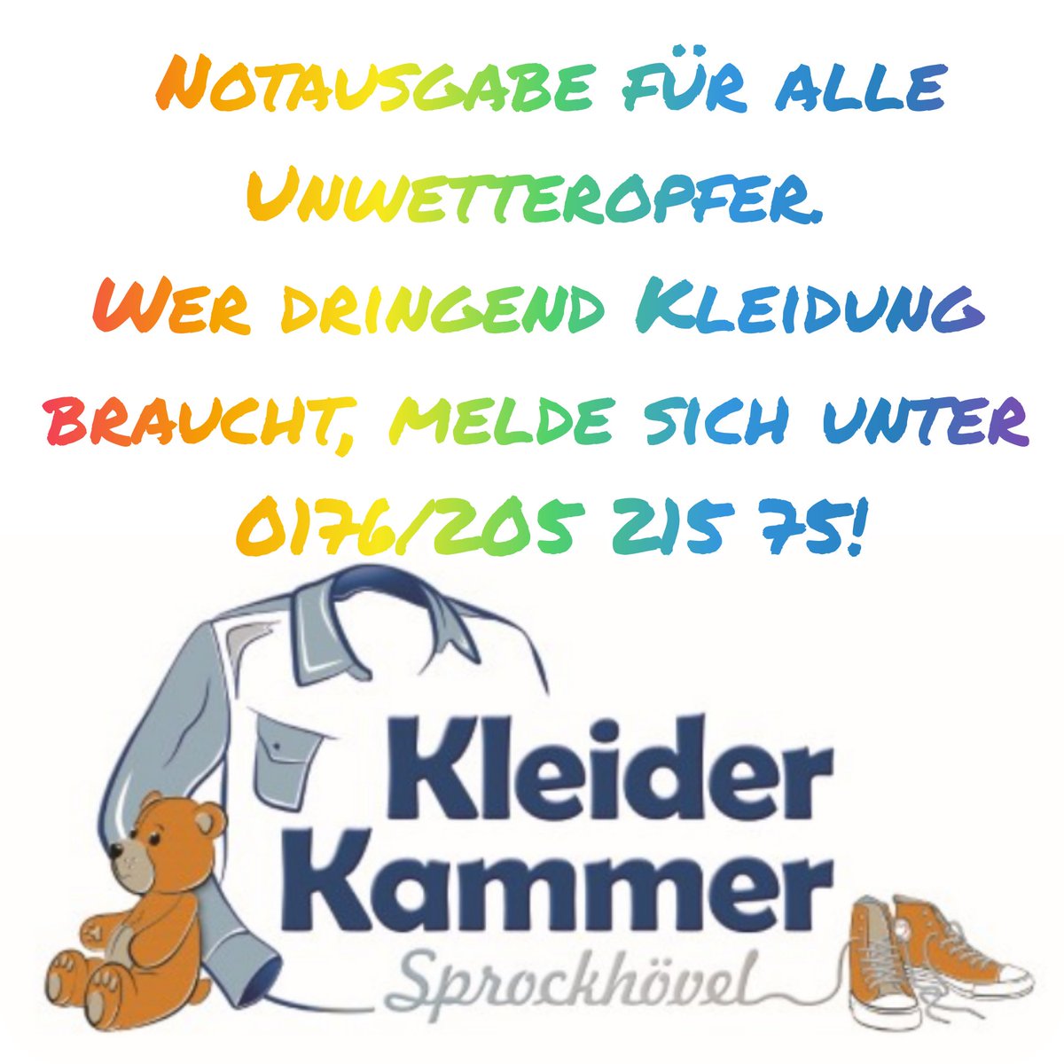Für Opfer des Hochwassers öffnen wir unsere Kleiderkammer unabhängig der regulären Öffnungszeiten. Einfach melden, wenn ihr etwas benötigt!
#kleiderkammer #hochwasserhilfe #kleidung #hilfe #unwetter #nrw #fluechtlingshilfe_sprockhoevel #gemeinschaft