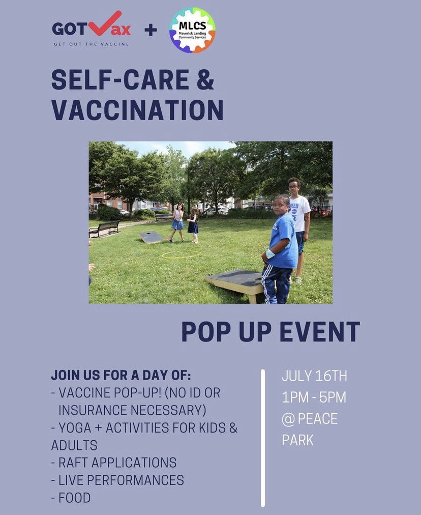 GOTVax_org's tweet photo. PLEASE RT: JOIN US ON THE 16TH for vaccines, yoga, food, and live performances in Peace Park! @MLCSBoston @wegotusproject @MasconMedical @LastMileVaccine @EBNHC https://t.co/6HoN017Bk1
