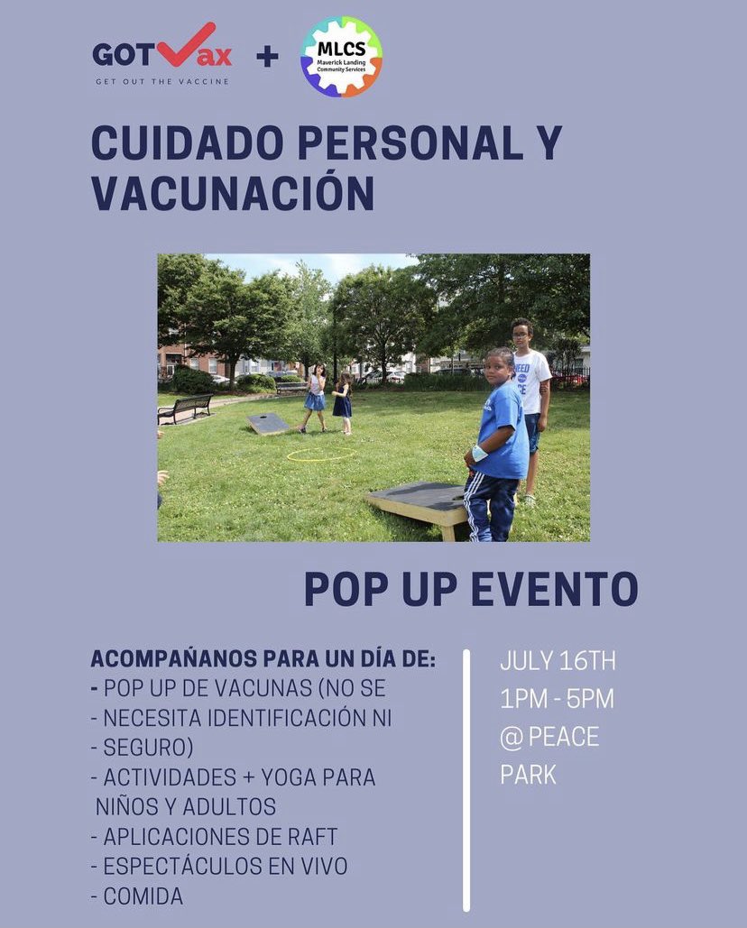 PLEASE RT: JOIN US ON THE 16TH for vaccines, yoga, food, and live performances in Peace Park! @MLCSBoston @wegotusproject @MasconMedical @LastMileVaccine @EBNHC