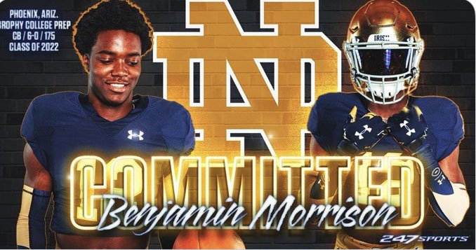 dinodemilio's tweet photo. BREAKING: Four-Star CB Benjamin ‘Mr Mojo Risin’ Morrison Commits to Notre Dame
#BrophyPrep #Arizona #NotreDame https://t.co/vUEtYjMbmG