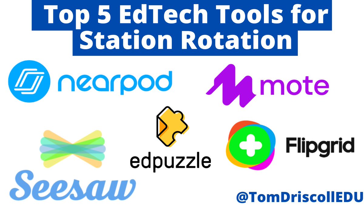 TomDriscollEDU's tweet photo. Here are my top 5 versatile edtech tools to help facilitate a blended learning station-rotation model.  @nearpod @flipgrid @edpuzzle @Seesaw @justmoteHQ What are your go-to's? https://t.co/w3tbm2wN95