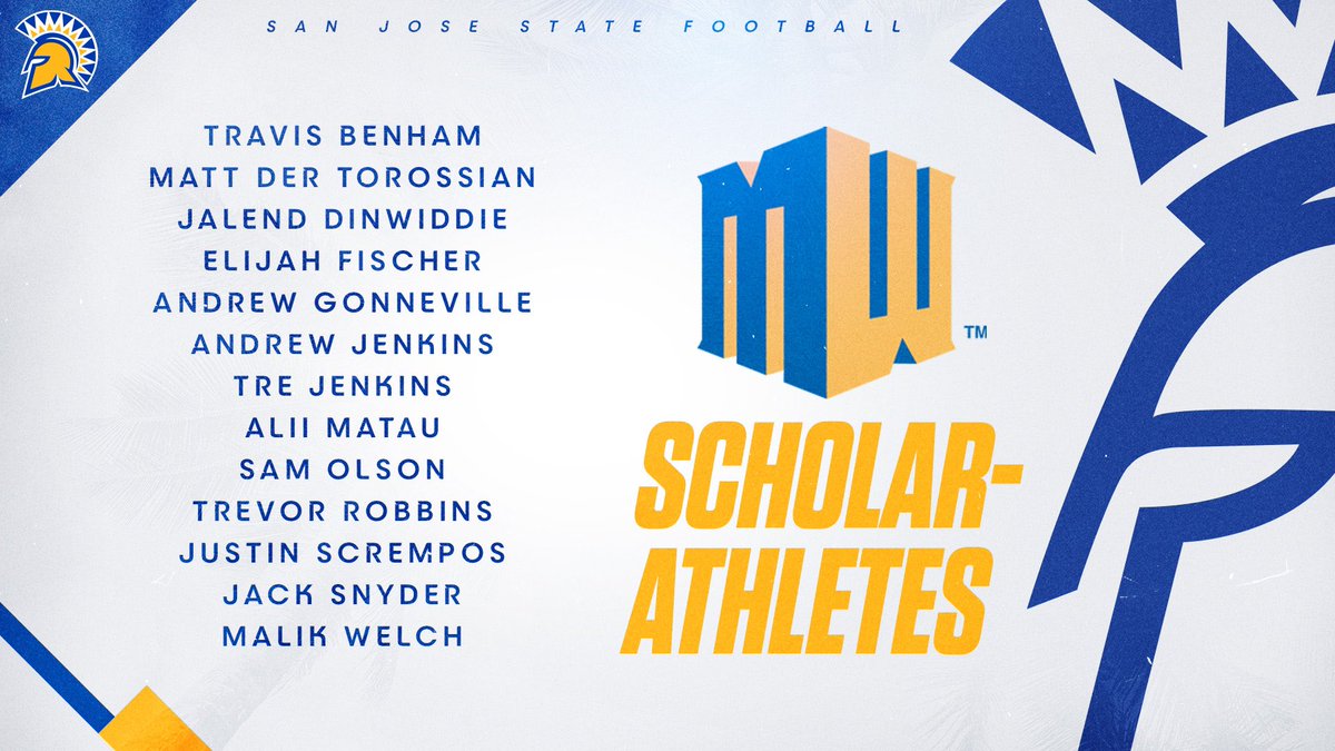 SanJoseStateFB's tweet photo. 𝙸𝚝 𝚜𝚝𝚊𝚛𝚝𝚜 𝚒𝚗 𝚝𝚑𝚎 𝚌𝚕𝚊𝚜𝚜𝚛𝚘𝚘𝚖 📚

Congratulations to our 1️⃣3️⃣ Mountain West Scholar-Athletes who have maintained a 3.5+ GPA!

🔗 https://t.co/xrTOXUhimC

#ClimbTheMountain #SpartanUp https://t.co/LkpX1ehFjP