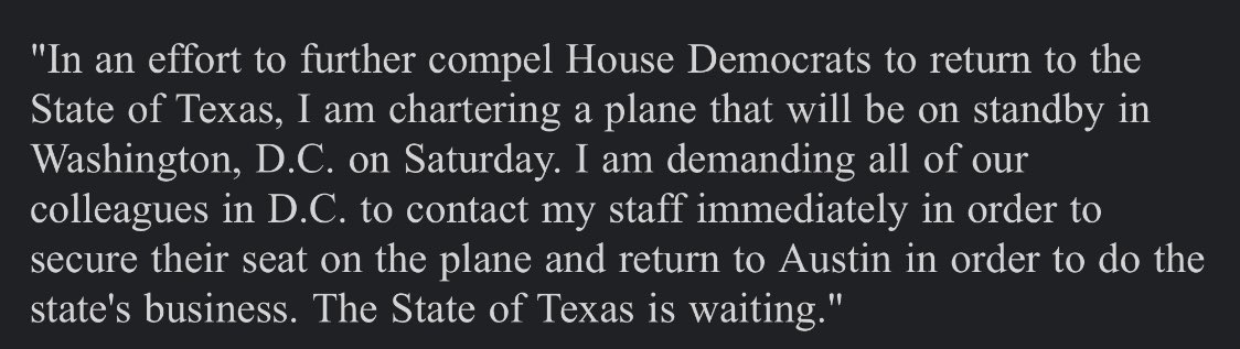 PatrickSvitek's tweet photo. .@DadePhelan announces he’s “chartering a plane that will be on standby in Washington, D.C. on Saturday” for House Dems who want to return to Austin #txlege https://t.co/eukrGSYRHb
