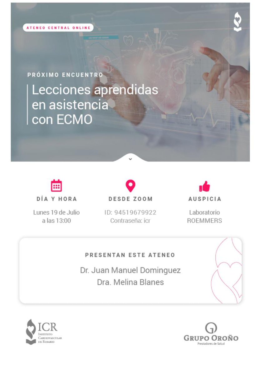 Los esperamos este próximo lunes para nuestro ateneo sobre ECMO.
<a href="/ComiteIcr/">Comite Docencia Investigacion ICR</a> <a href="/ECMOHUVH/">ECMO Barcelona</a> <a href="/ElsoLatam/">ELSO LATAM</a> <a href="/juanma_domi/">juan manuel</a>