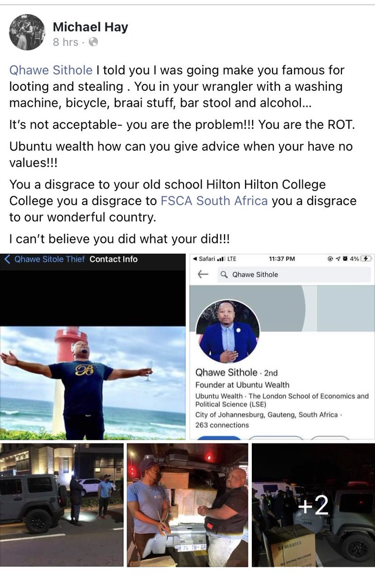 KgotsoM2's tweet image. Not every looter is poor. Qhawe Sithole a former Hilton College pupil &amp;amp; founder &amp;amp; CEO at Ubuntu Wealth Management was caught with a looted washing machine, bicycle, bar stool &amp;amp; braai accessories in his Wrangler. This chap stays in Umhlanga nogal.